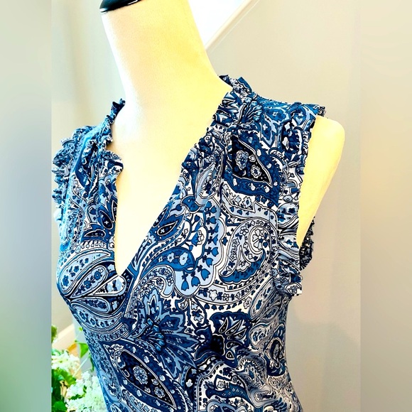 MICHAEL KORS Paisley Dress Floral V-Neck Ruffle Sleeveless Blue White - Picture 11 of 11